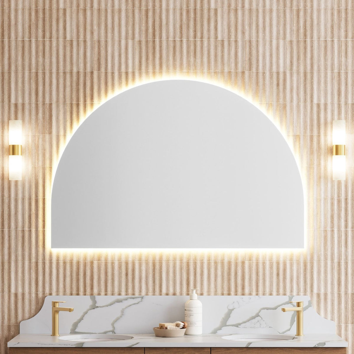 Timberline Melody arch mirror above a double vanity, with white satin edging and warm backlighting in a bathroom display