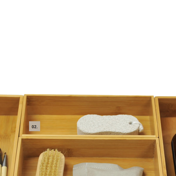 Timberline bamboo vanity organiser box in a natural finish, shown in a drawer with other modular compartments