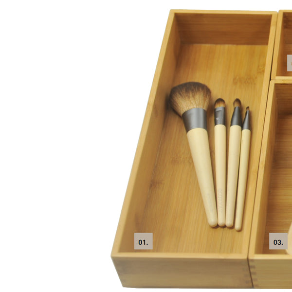 Timberline bamboo vanity organiser box with makeup brushes, natural rectangular tray, angled view