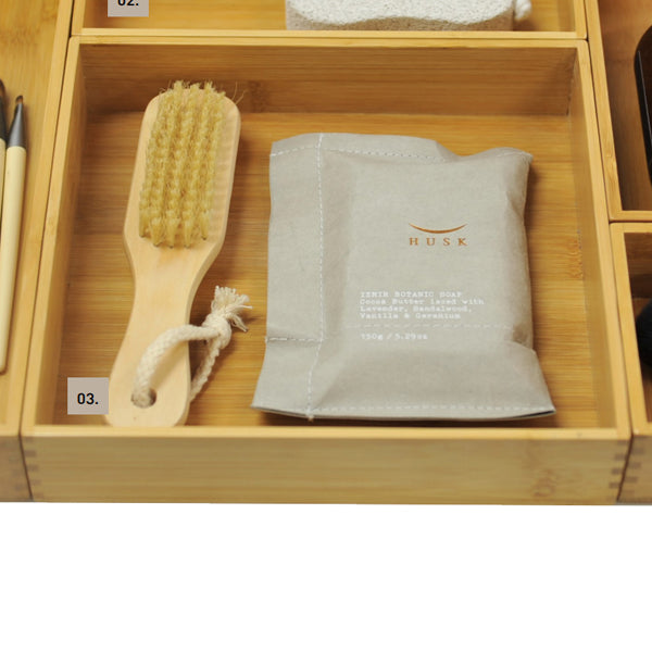Timberline bamboo vanity organiser box with bath brush and soap bag in a drawer, natural finish, 200mm square