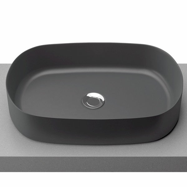 Timberline Myrtle matte black oval above counter basin with thin rim, shown on a vanity top from above