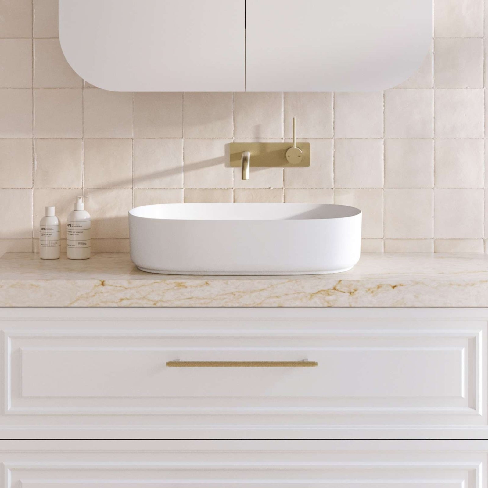 Timberline Myrtle gloss white above-counter basin, oval ceramic bowl on a marble-look vanity top.