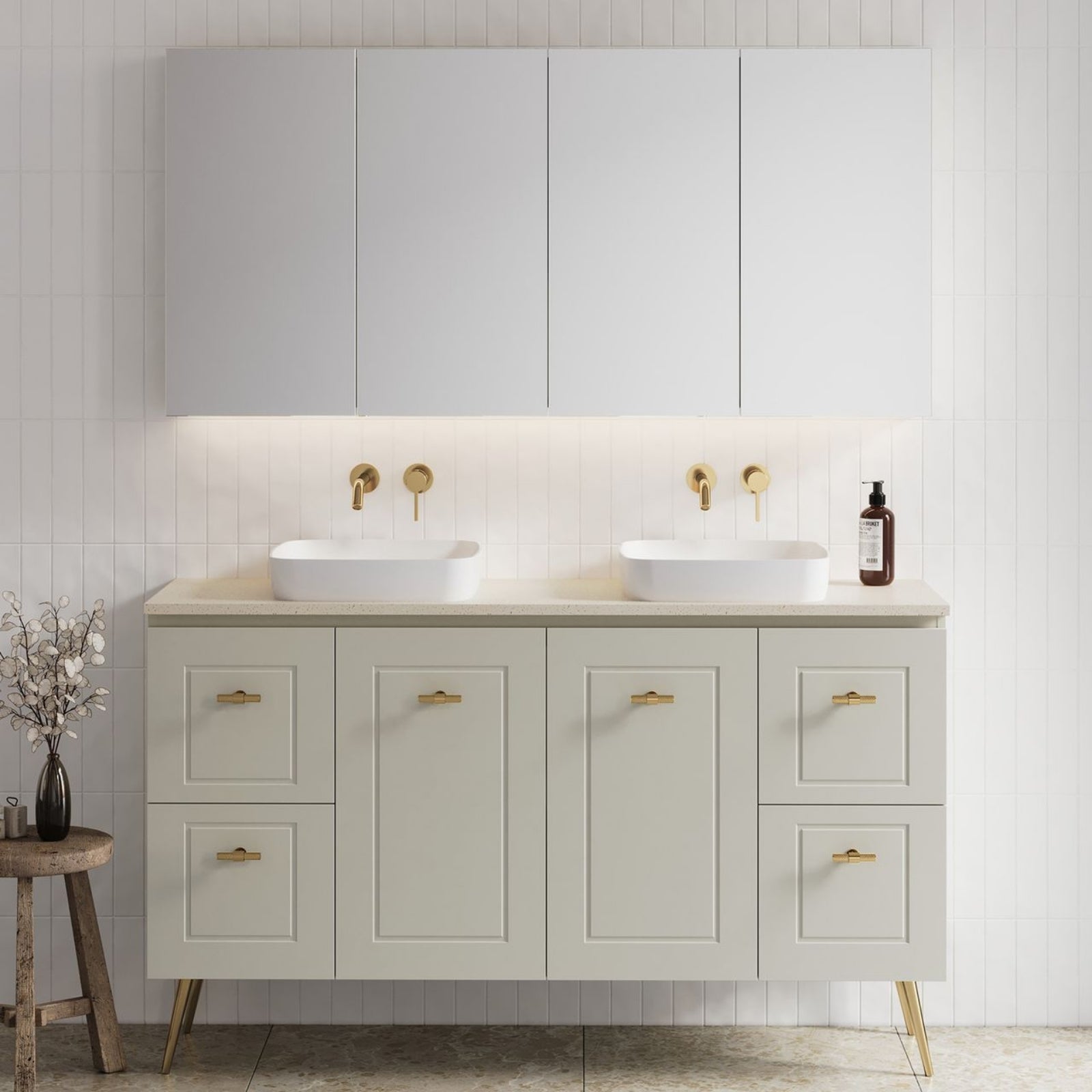 Timberline Nevada Classic freestanding vanity in grey beige with SilkSurface top, white twin basins and brushed gold legs