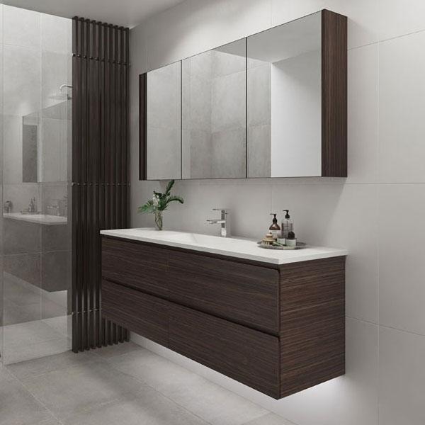 Timberline Nevada Plus wall hung vanity in dark woodgrain with white acrylic top, shown in a modern bathroom setting