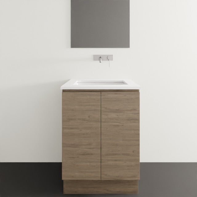 Timberline Nevada floor standing vanity in woodgrain finish with white SilkSurface top and under counter basin, front view
