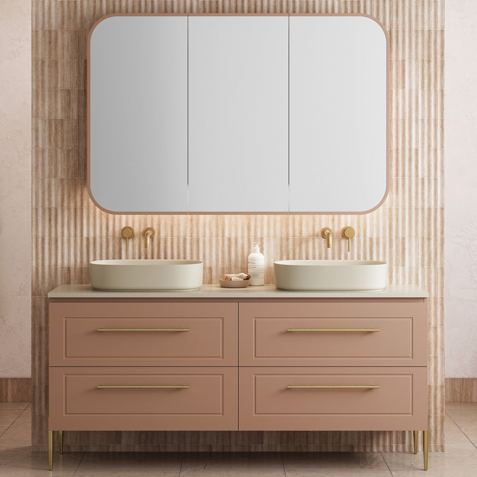 Timberline Nevada Plus Classic floor-standing vanity in pink with SilkSurface top, double bowls and brass handles