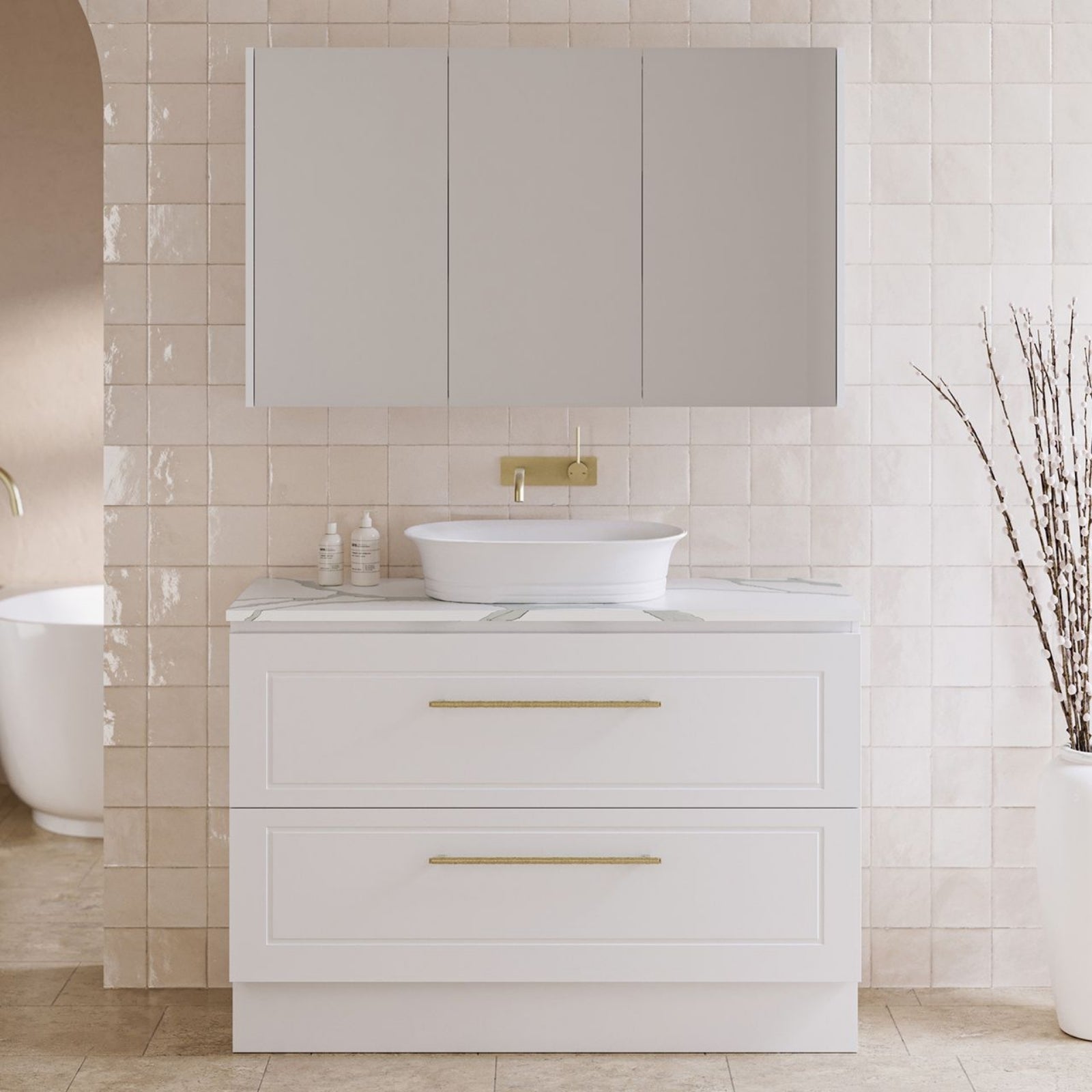 Timberline Nevada Plus Classic floor standing vanity in white with SilkSurface top and above counter basin, shown in bathroom setting