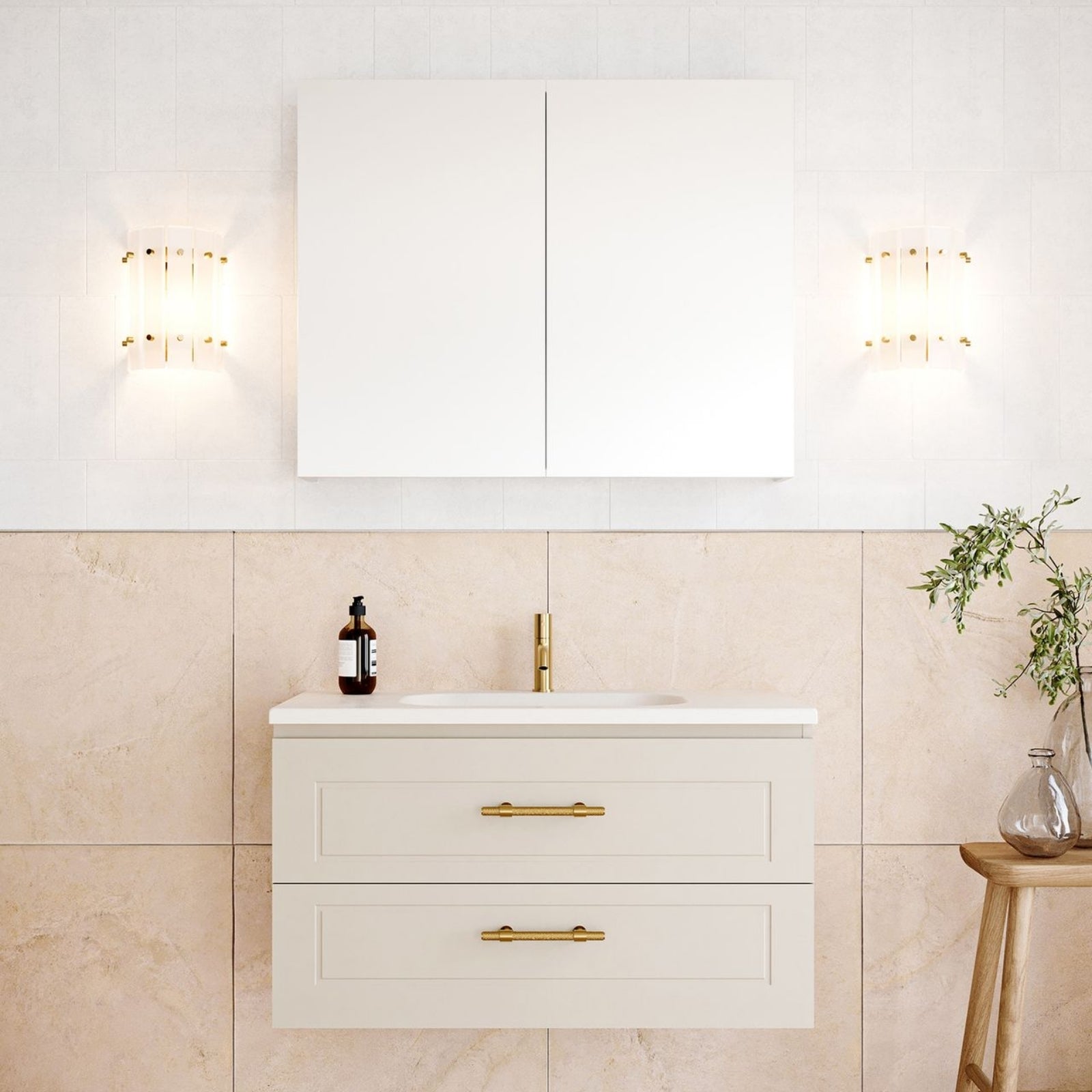 Timberline Nevada Plus Classic wall hung vanity in white with stadium top, gold handles and double drawers in bathroom setting