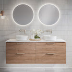 Timberline Nevada Plus wall hung vanity in woodgrain finish with white top and double above counter basins