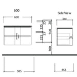 Timberline Nevada Plus wall hung vanity technical drawing, 600mm wide, side view, with dimensions and plumbing space.