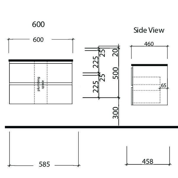 Timberline Nevada Plus wall hung vanity technical drawing, 600mm wide, side view, with dimensions and plumbing space.