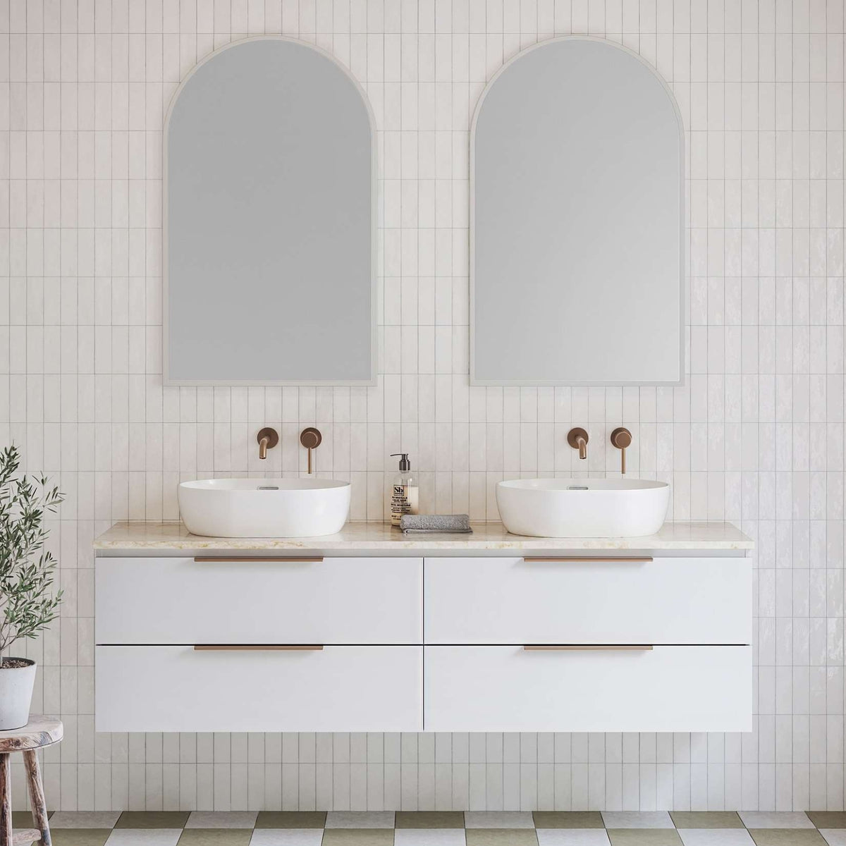 Timberline Nevada Plus wall hung vanity in white with double above counter basins and marble-look top in a bathroom setting