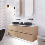 Timberline Nevada Plus wall hung vanity in oak woodgrain with white top and twin matte black above counter basins