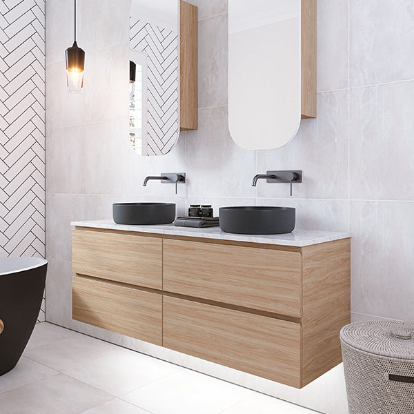 Timberline Nevada Plus wall hung vanity in oak woodgrain with white top and twin matte black above counter basins
