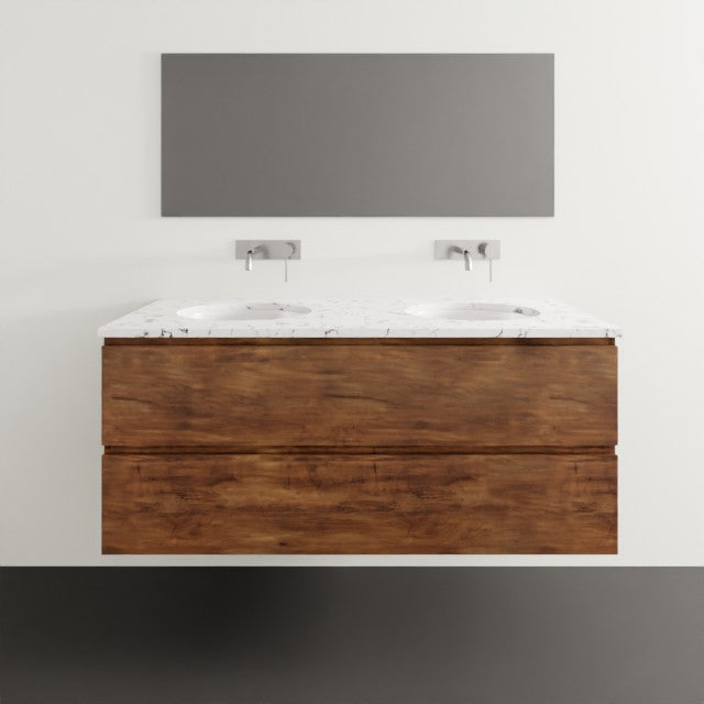 Timberline Nevada Plus wall hung vanity in classic oak with white SilkSurface top and double under counter basin