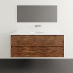 Timberline Nevada Plus wall hung vanity in woodgrain finish with white SilkSurface top and under counter basin under tap cut-out