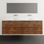 Timberline Nevada Plus wall hung vanity in woodgrain finish with white double basin top, front view