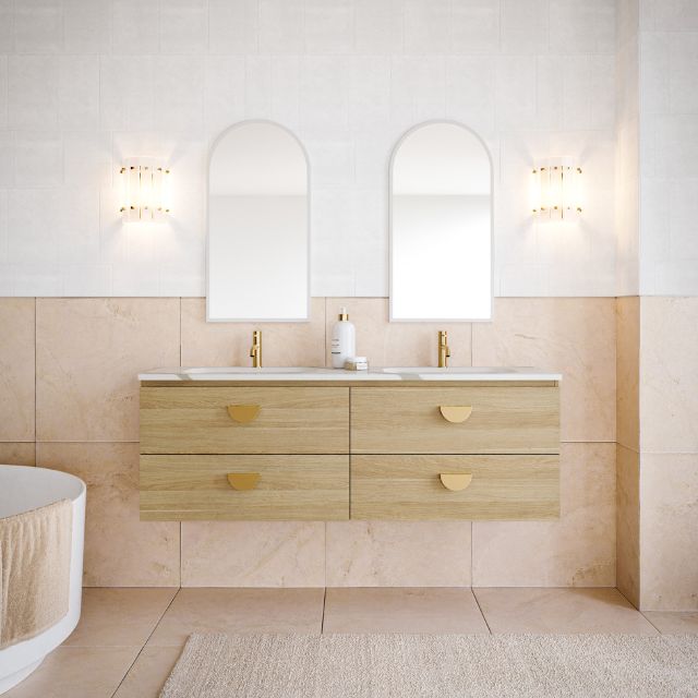 Timberline Nevada Plus wall hung vanity in light woodgrain with white top, twin basins and gold handles in a bathroom setting