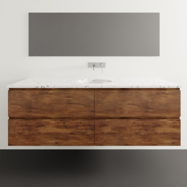 Timberline Nevada Plus wall hung vanity in woodgrain finish with white SilkSurface top and under counter basin