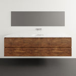 Timberline Nevada Plus wall hung vanity, woodgrain finish with white SilkSurface top and undercounter basin, front view