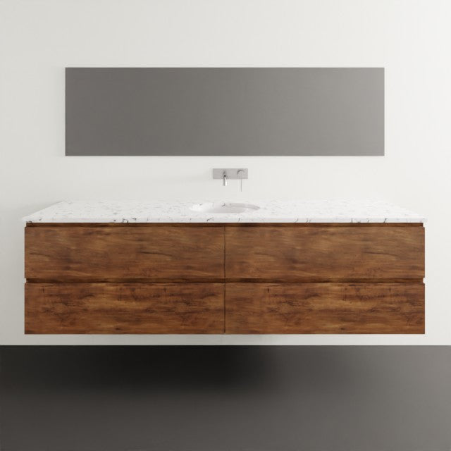 Timberline Nevada Plus wall hung vanity, woodgrain finish with white SilkSurface top and undercounter basin, front view