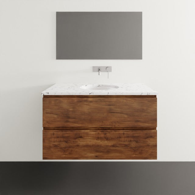 Timberline Nevada Plus wall hung vanity in woodgrain finish with white SilkSurface top and under counter basin