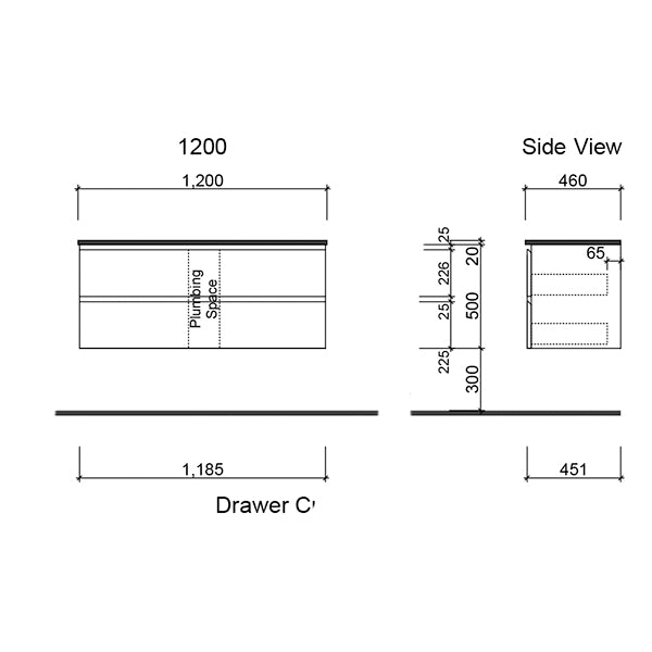 Timberline Nevada Plus 1200mm wall hung vanity technical drawing, front and side views with dimensions and plumbing space