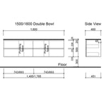 Timberline Nevada Plus wall hung vanity technical drawing, 1500/1800 double bowl front and side view, 1800mm wide, white finish