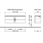 Technical drawing of Timberline Nevada Plus wall hung vanity, 1500/1800 single bowl, showing front and side view dimensions