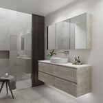 Timberline Nevada Plus wall hung vanity in light woodgrain finish with white above-counter basin in bathroom setting