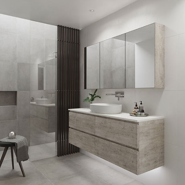 Timberline Nevada Plus wall hung vanity in light woodgrain finish with white above-counter basin in bathroom setting
