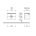 Timberline Nevada Plus 750mm wall hung vanity technical drawing, side view with plumbing space and measurements