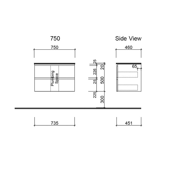 Timberline Nevada Plus 750mm wall hung vanity technical drawing, side view with plumbing space and measurements