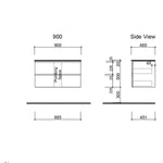 Timberline Nevada Plus 900mm wall hung vanity technical drawing, front and side views with dimensions and plumbing space
