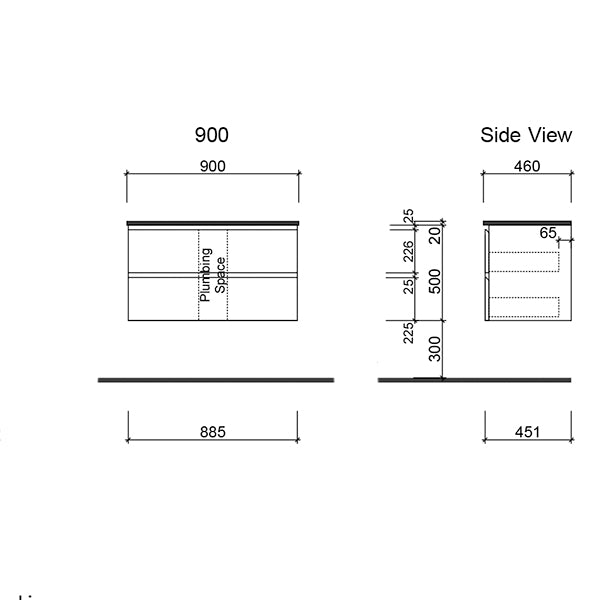 Timberline Nevada Plus 900mm wall hung vanity technical drawing, front and side views with dimensions and plumbing space