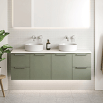 Timberline Nevada wall hung vanity in olive green with white top and twin above counter basins, front view