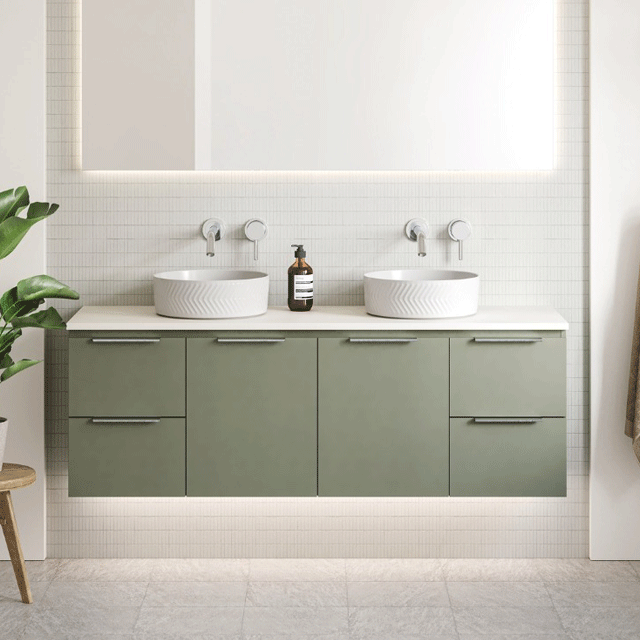Timberline Nevada wall hung vanity in olive green with white top and twin above counter basins, front view