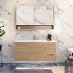 Timberline Nevada wall hung vanity in Tasmanian oak with white Regal acrylic top, basin and chrome handles in bathroom setting