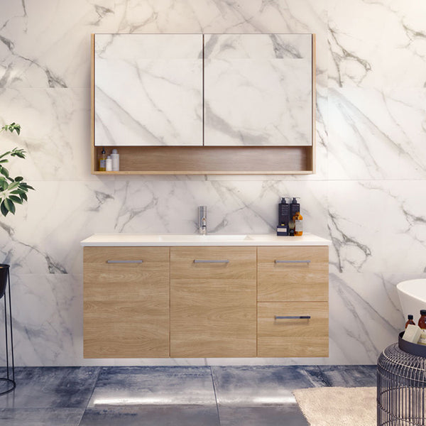 Timberline Nevada wall hung vanity in Tasmanian oak with white Regal acrylic top, basin and chrome handles in bathroom setting