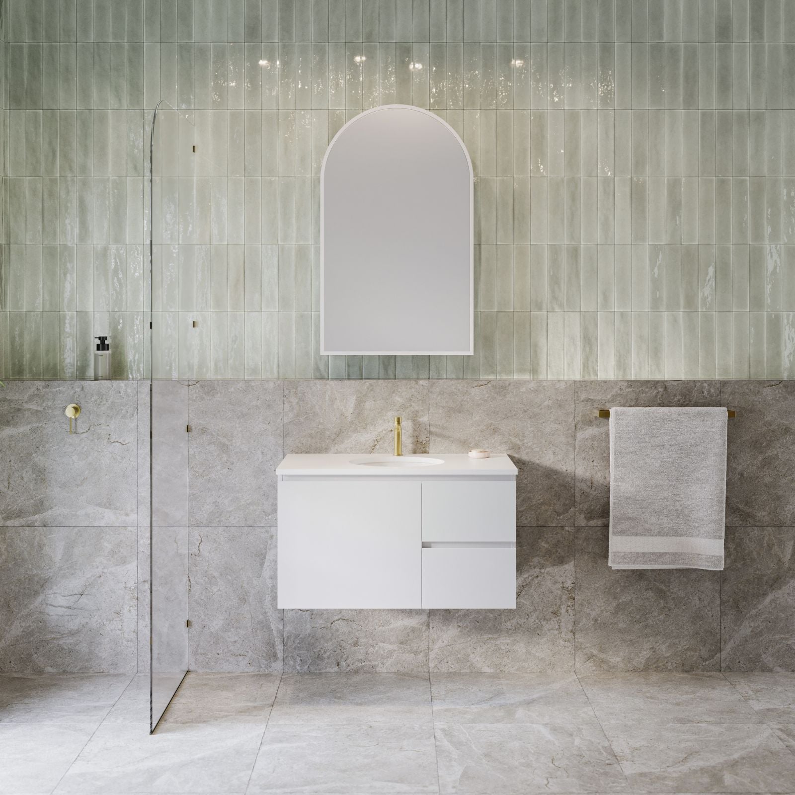 Timberline Nevada wall hung vanity in white, with SilkSurface top and under counter basin, styled in a modern bathroom setting