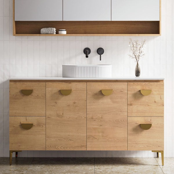 Timberline Nevada floor standing vanity in woodgrain finish with white above counter basin and gold handles, front view