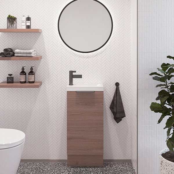 Timberline Ollie floor standing vanity in Tasmanian Oak with white top and black handle, compact ensuite setting