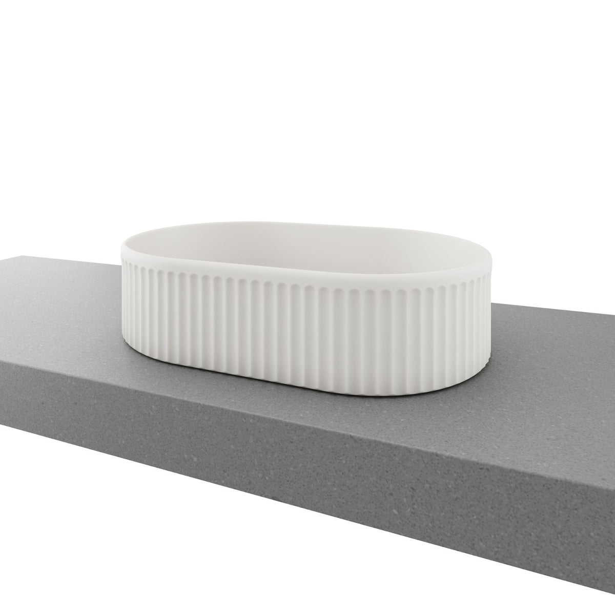 Timberline Oval Flute above-counter basin, matte white ceramic, oval fluted design on a grey benchtop