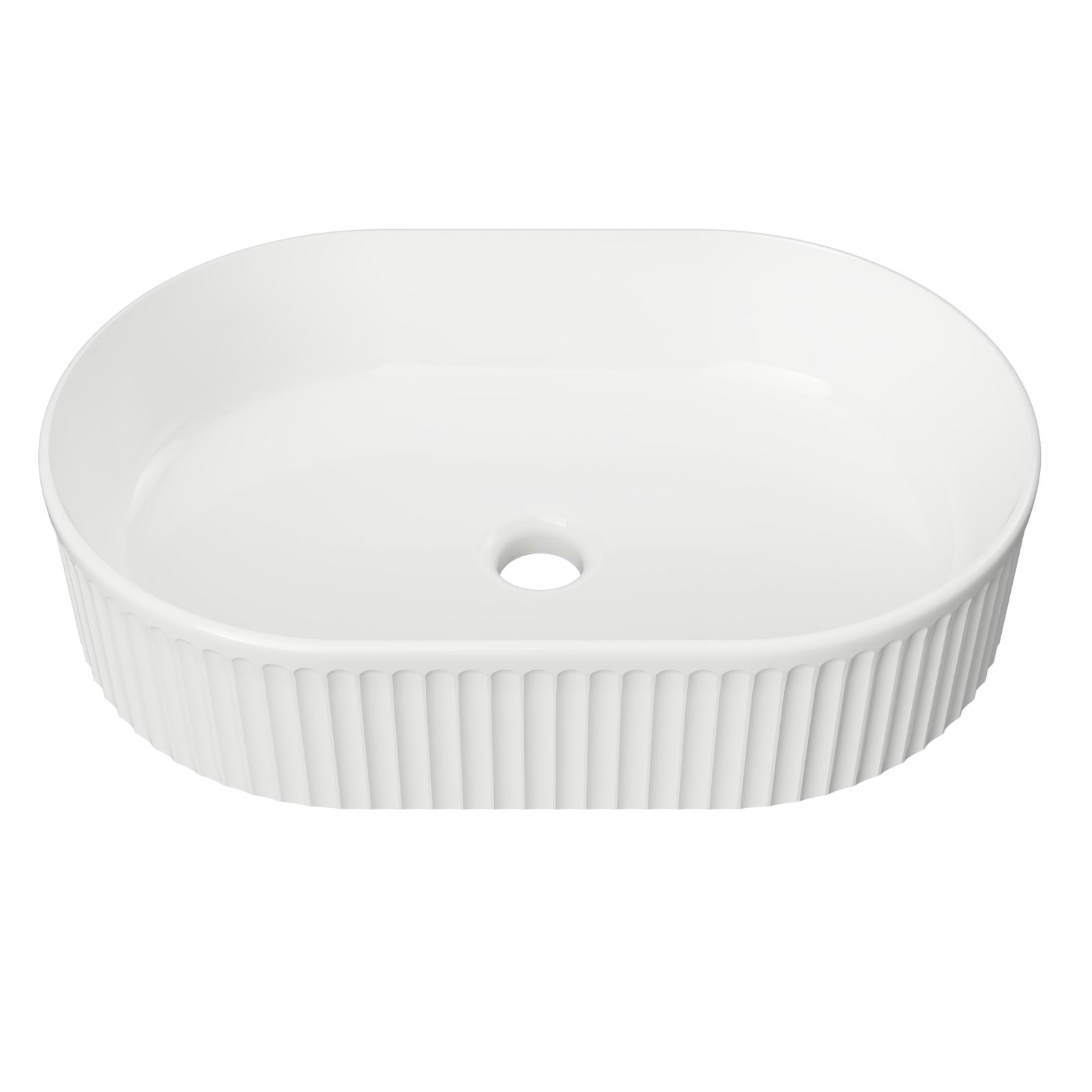 Timberline Oval Flute above counter basin in gloss white ceramic, oval with fine fluted sides and a slim rim, front view.