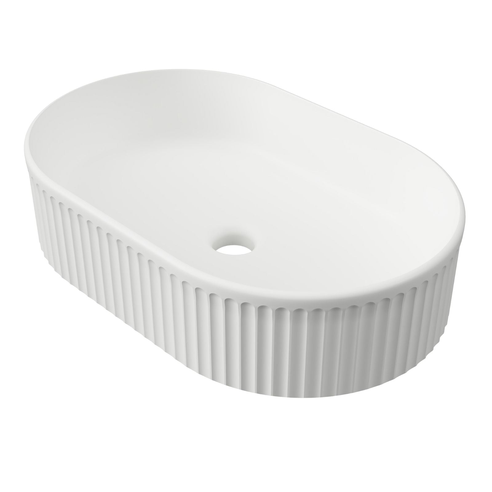 Timberline Oval Flute above-counter basin, matte white ceramic, oval with fluted sides and thin rim