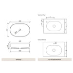 Timberline Oval Flute ceramic basin technical drawing, 490 x 310mm, matte white, above counter with taphole cut-out specs