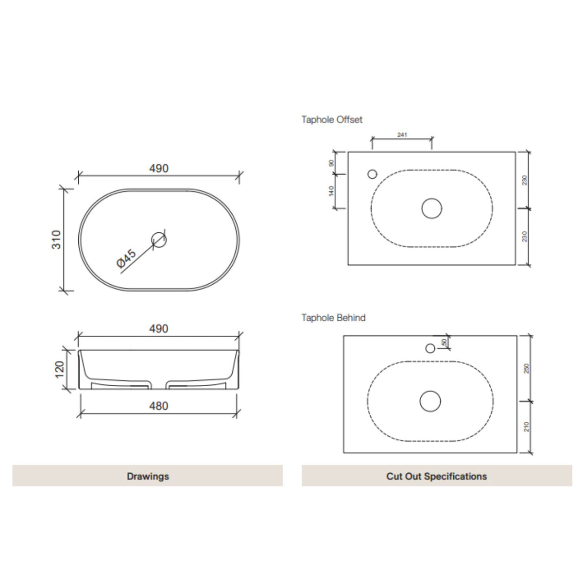 Timberline Oval Flute ceramic basin technical drawing, 490 x 310mm, matte white, above counter with taphole cut-out specs