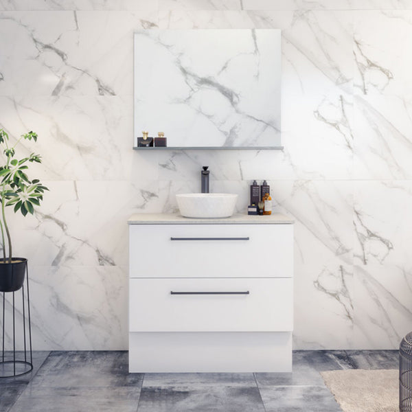 Timberline Oxbow white freestanding vanity with stone top and basin, shown in a bathroom setting