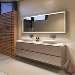 Timberline Oxbow wall hung vanity in woodgrain finish with white above counter basin, shown in a bathroom setting with double drawers
