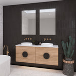 Timberline Oxbow wall hung vanity in Tasmanian Oak with white top, twin round basins and black round handles in bathroom setting